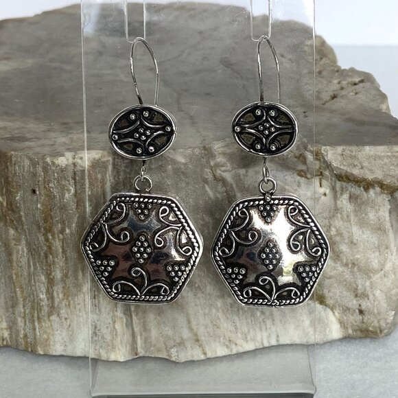 VTG Sterling Silver 925 Etruscan Moroccan Style Hexagonal Drop Dangle Earrings - Picture 6 of 16